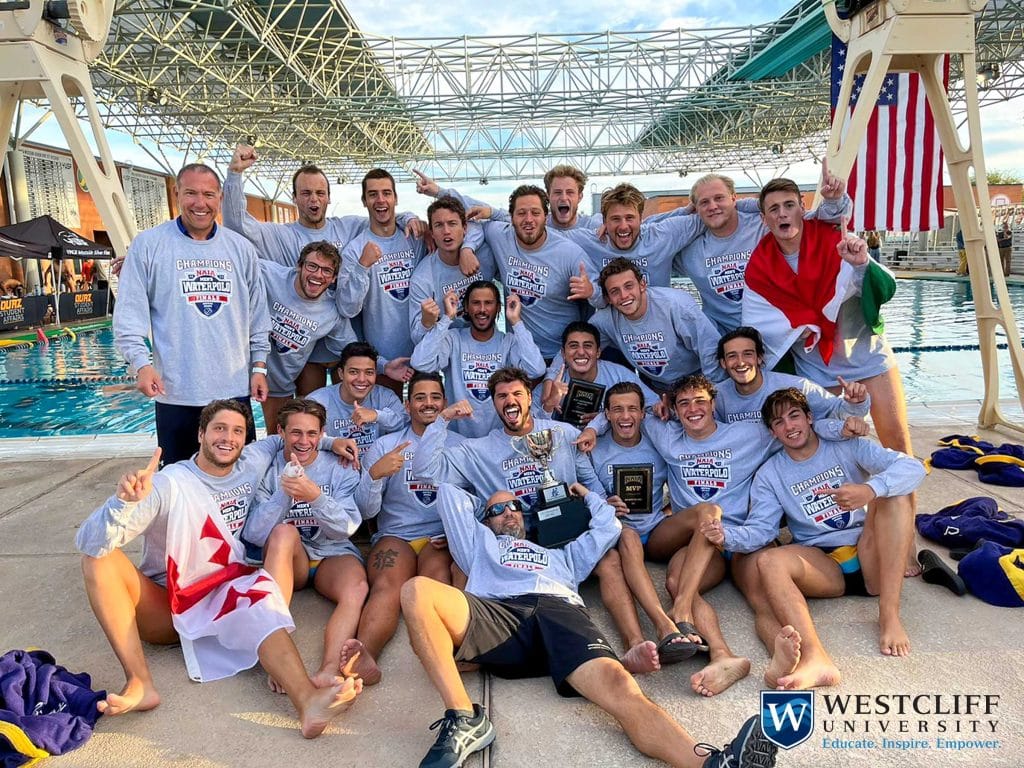 this is an image of Westcliff University's Men's Water Polo Team team winning the National Association of Intercollegiate Athletics Championship