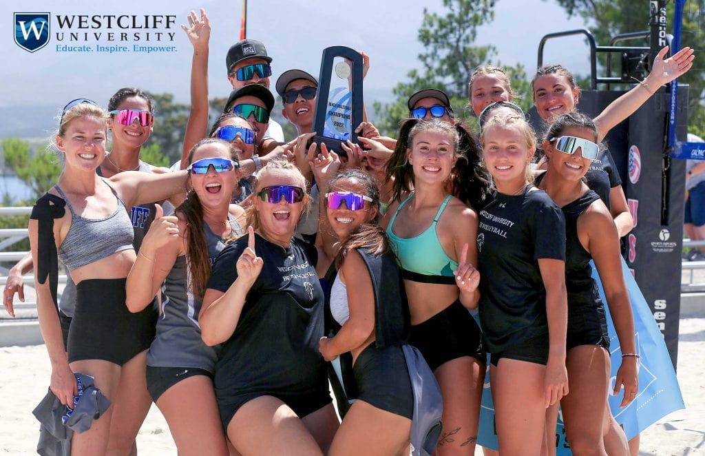 this is an image of Westcliff University's Women's Volleyball team winning the California Pacific Conference Championships