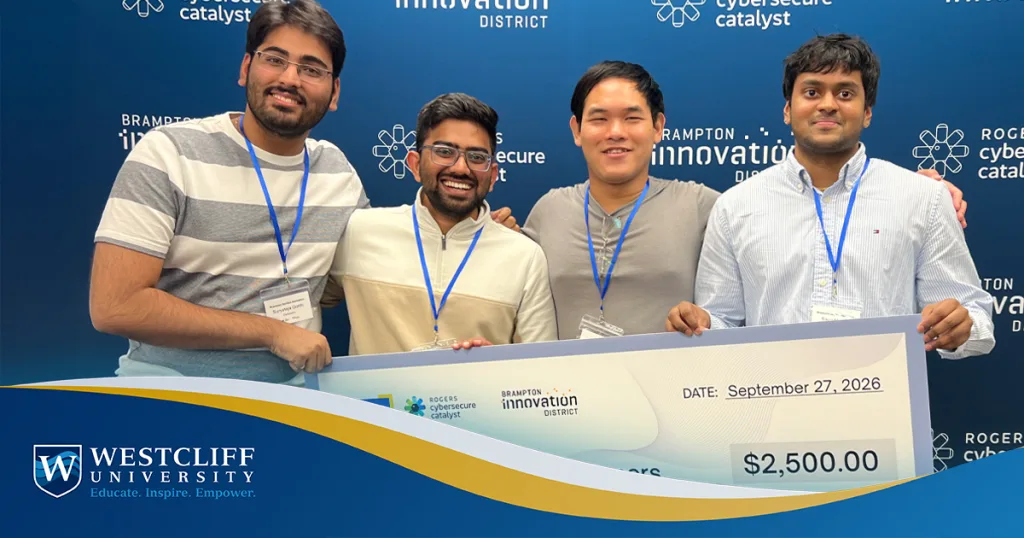 Hackathon group holding a oversided check.